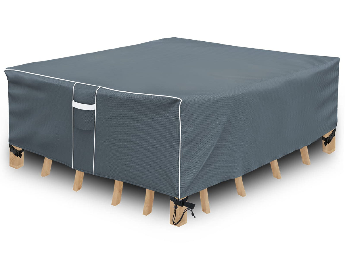 Gasadar front view of grey cover protecting square patio set, showing full fit and protection