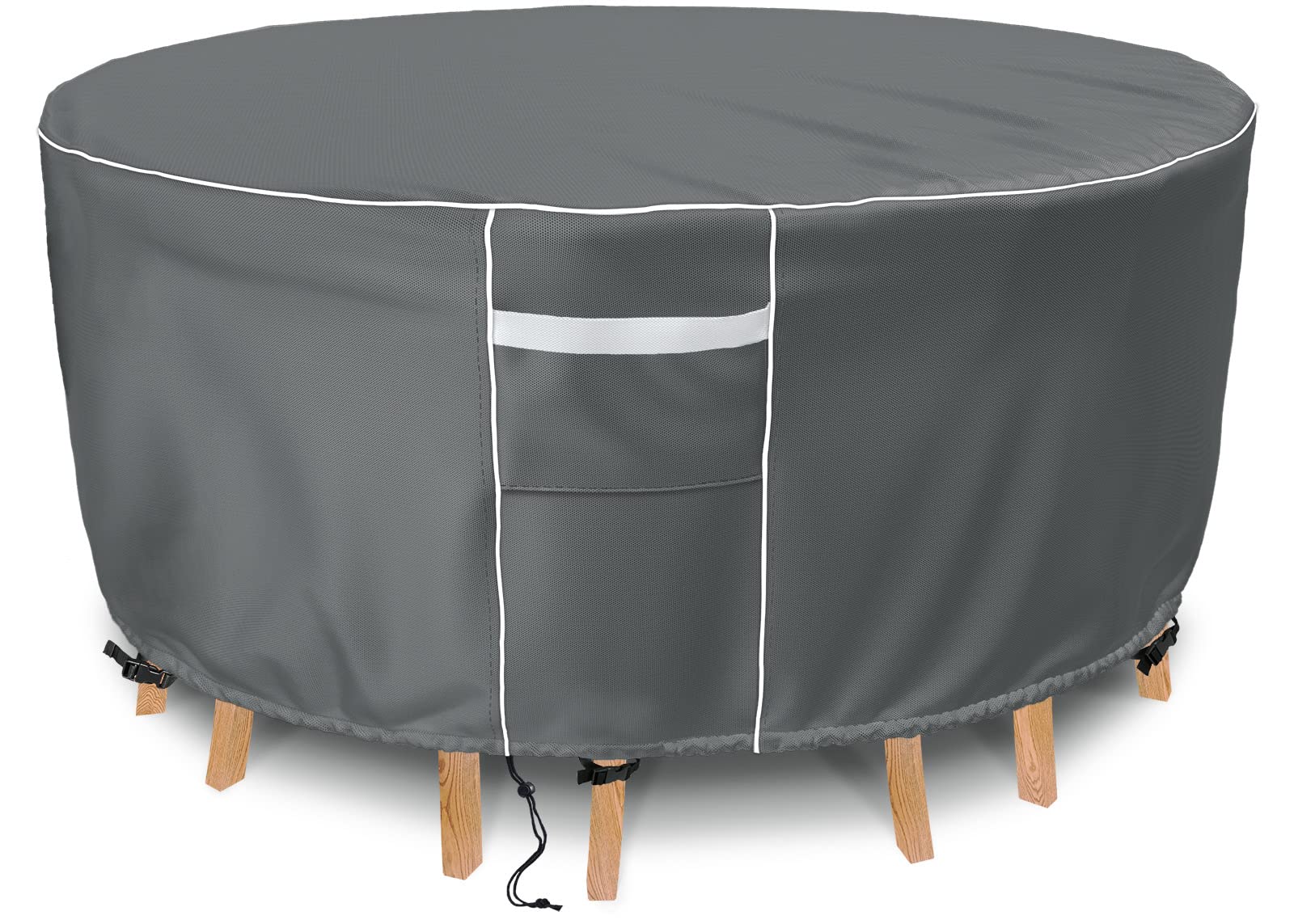 Gasadar front view of full 72 inch round cover protecting table — weather protection
