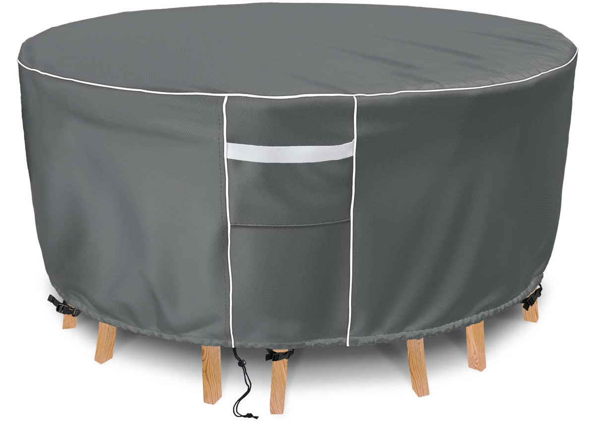 Gasadar front view of full 72 inch round cover protecting table — weather protection
