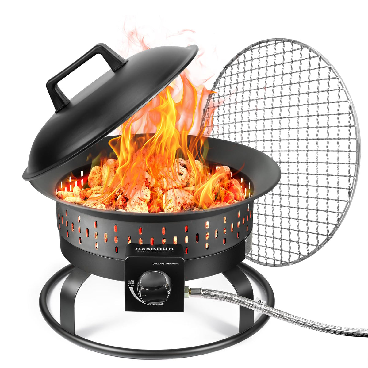 GasBRUH front view showing lit firepit and clean flame for ambiance