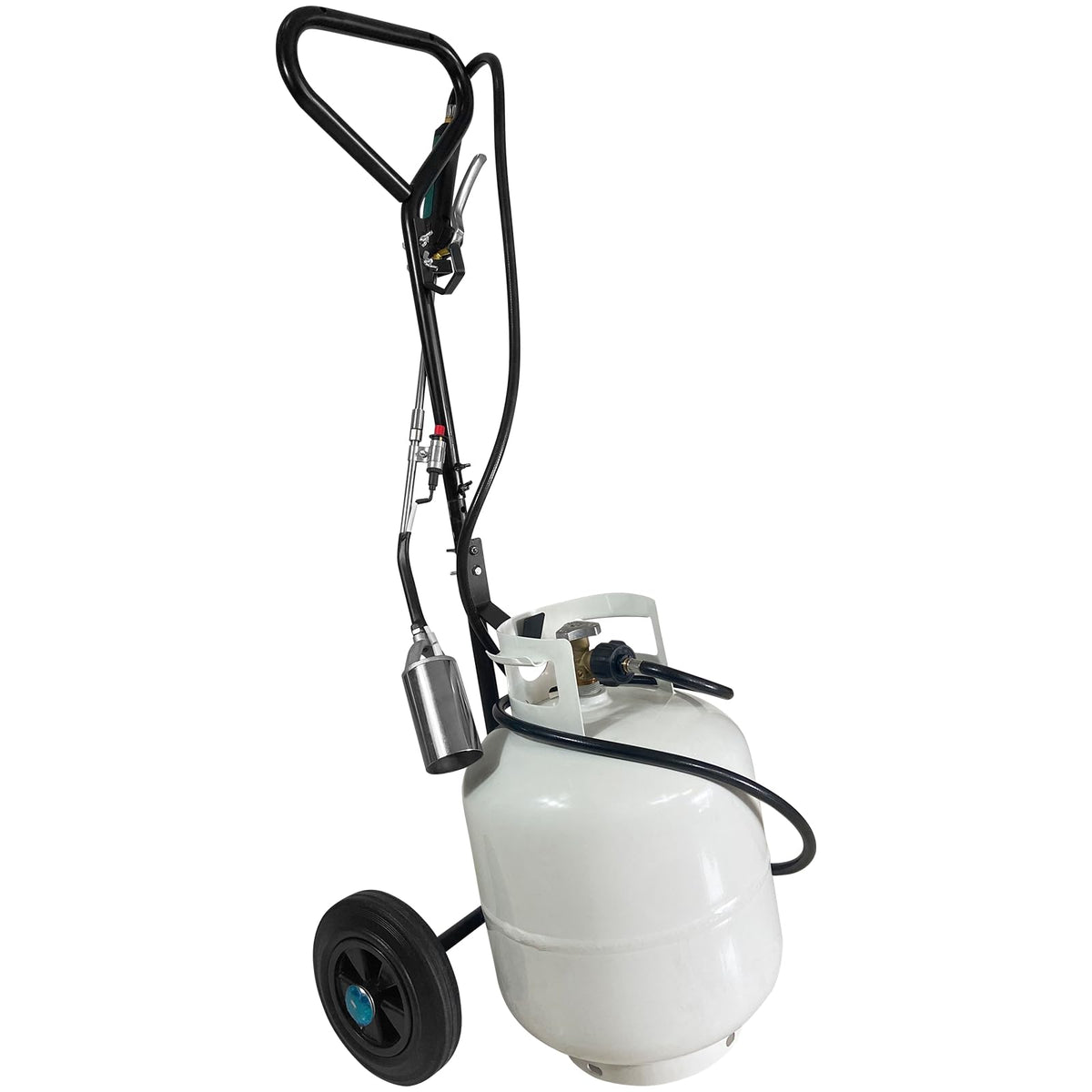 GasBRUH front view of propane tank dolly showing stable steel frame and secure base benefit