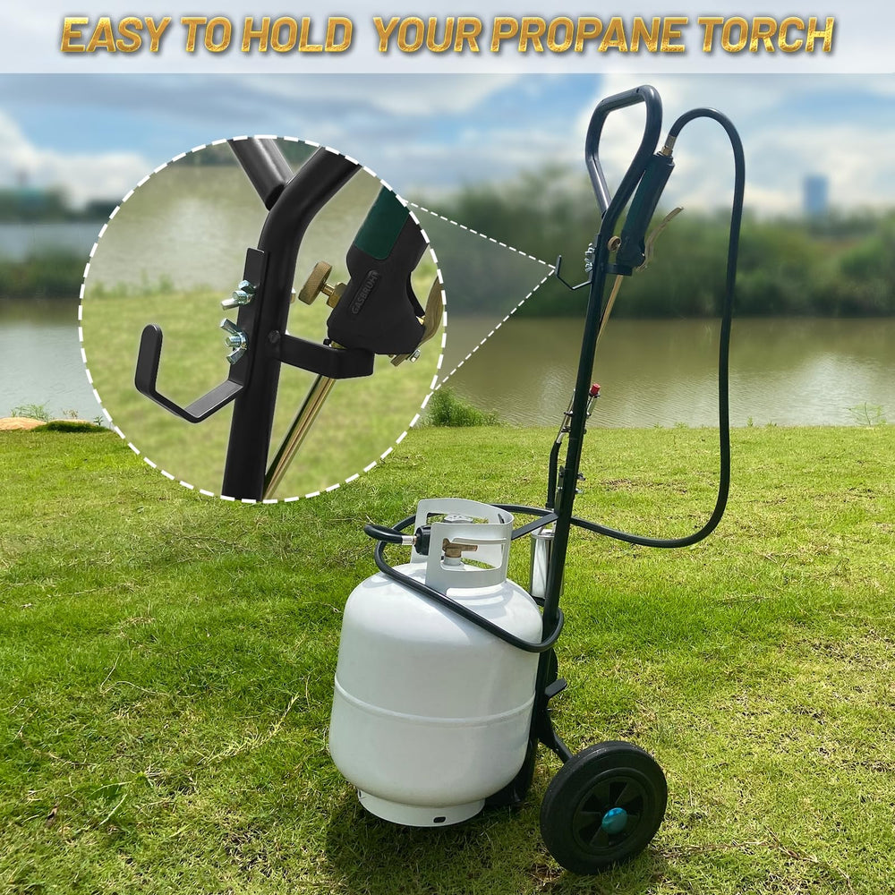 GasBRUH cart next to a BBQ in use with torch hooked up for convenient outdoor cooking benefit