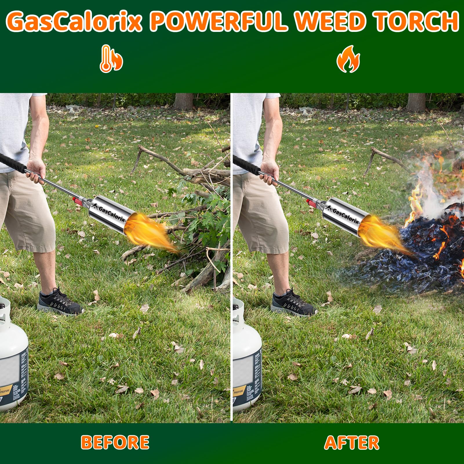 GasCalorix next to propane tank for size comparison and portability benefit