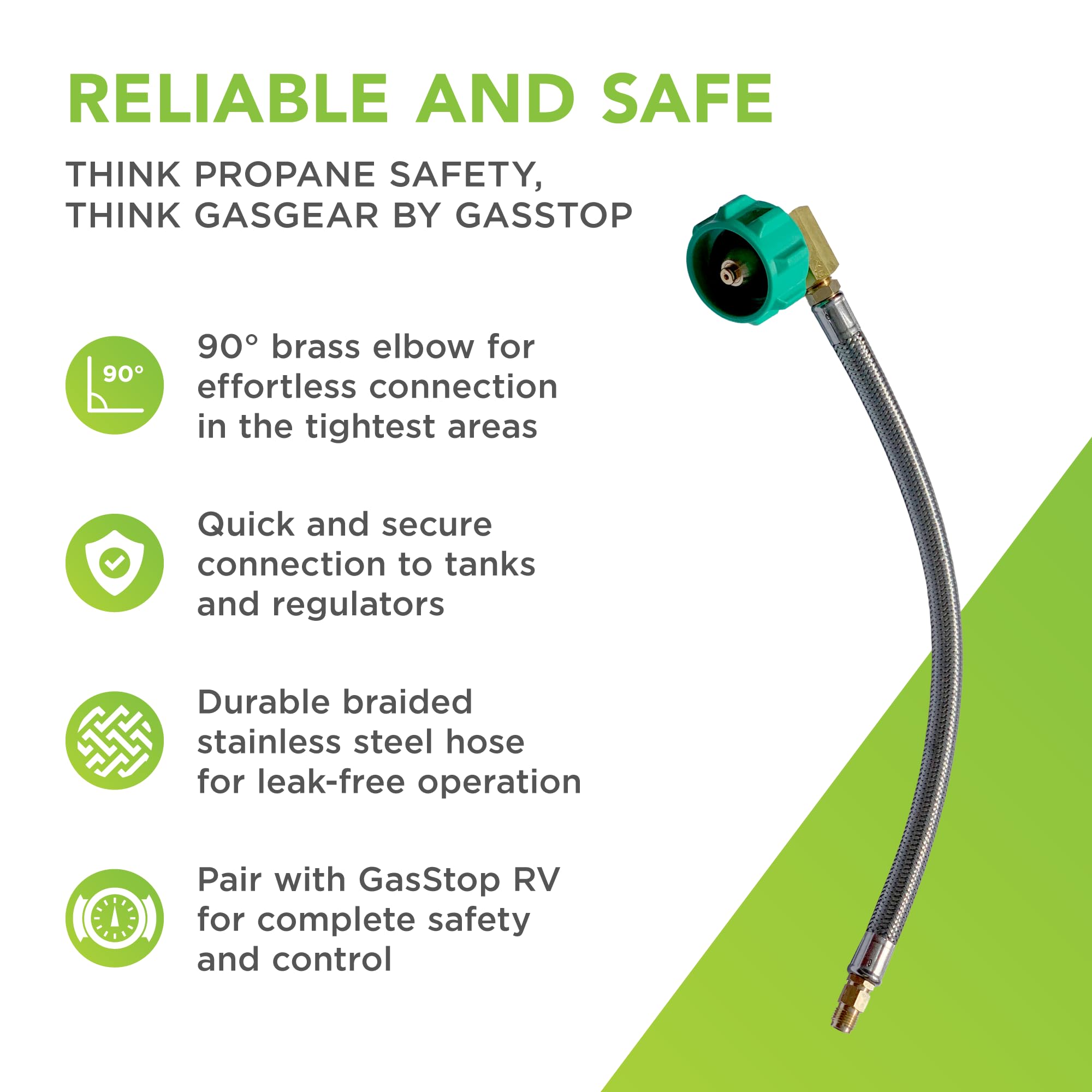 Braided stainless steel exterior close-up of GasGear hose for corrosion resistance