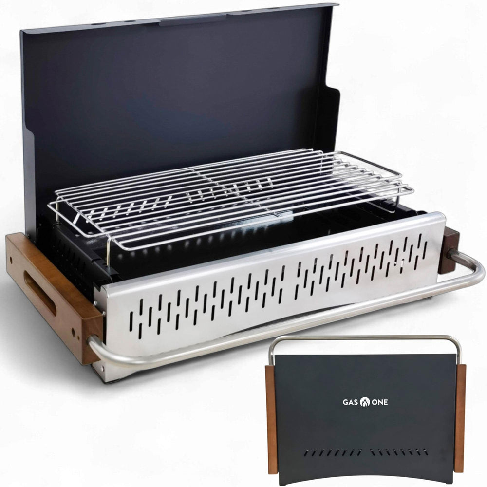 Gas One front briefcase grill closed for easy transport and storage benefit