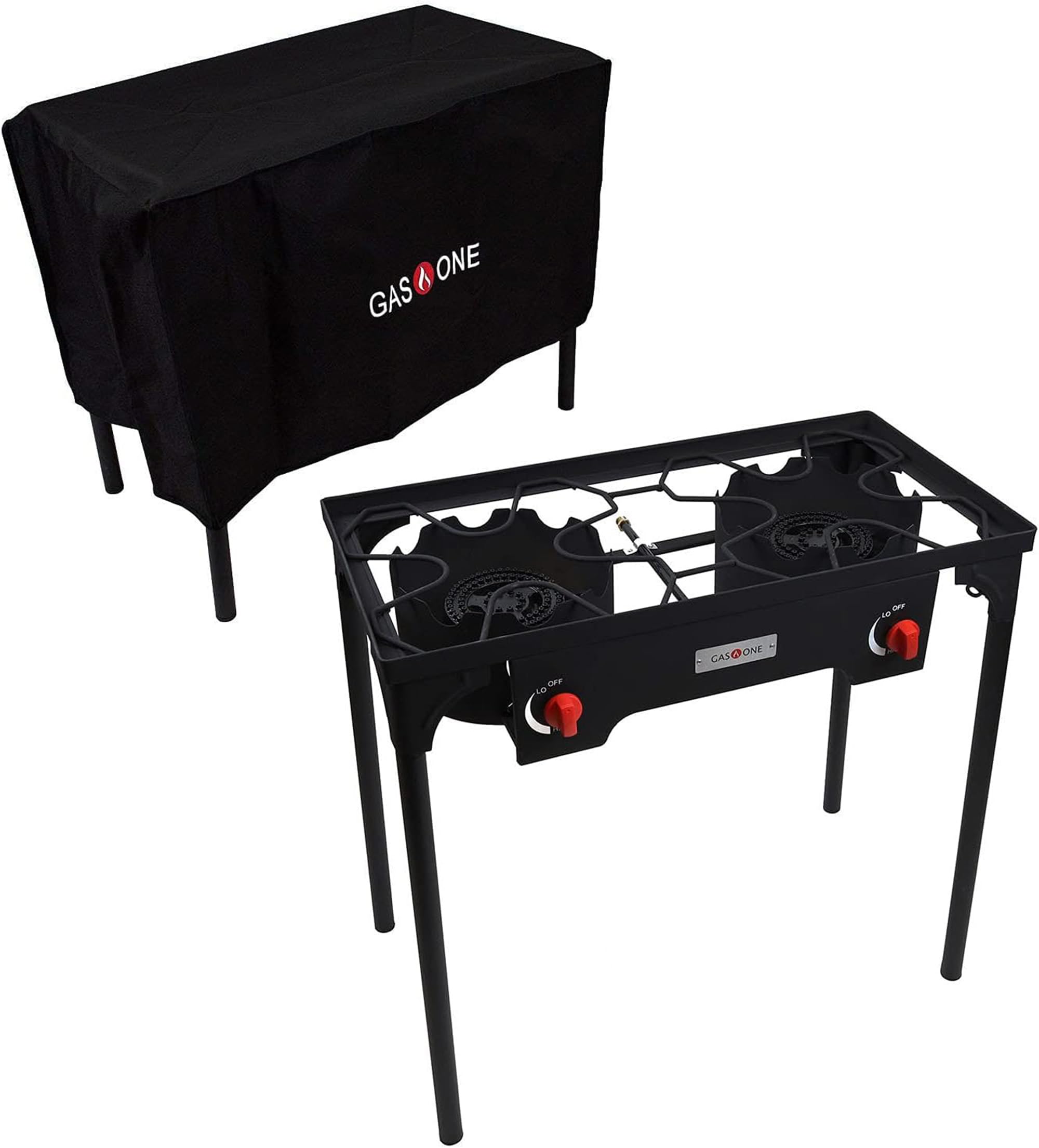 Gas One front profile double burner showing sturdy frame and cooking area for reliable outdoor meals