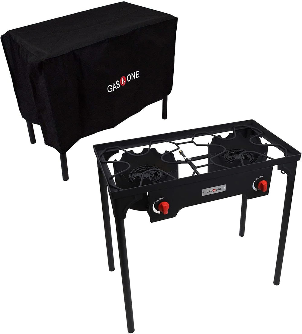 Gas One front profile double burner showing sturdy frame and cooking area for reliable outdoor meals