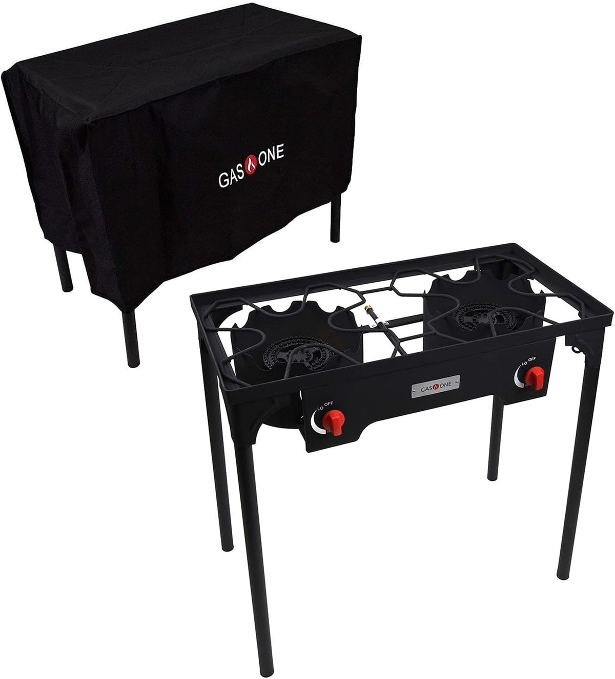 Gas One front profile double burner showing sturdy frame and cooking area for reliable outdoor meals