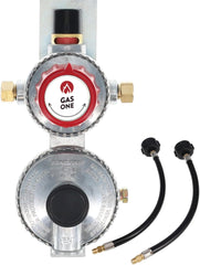 Gas One front view of 2-stage auto changeover regulator showing body and inlet ports, reliable fuel continuity