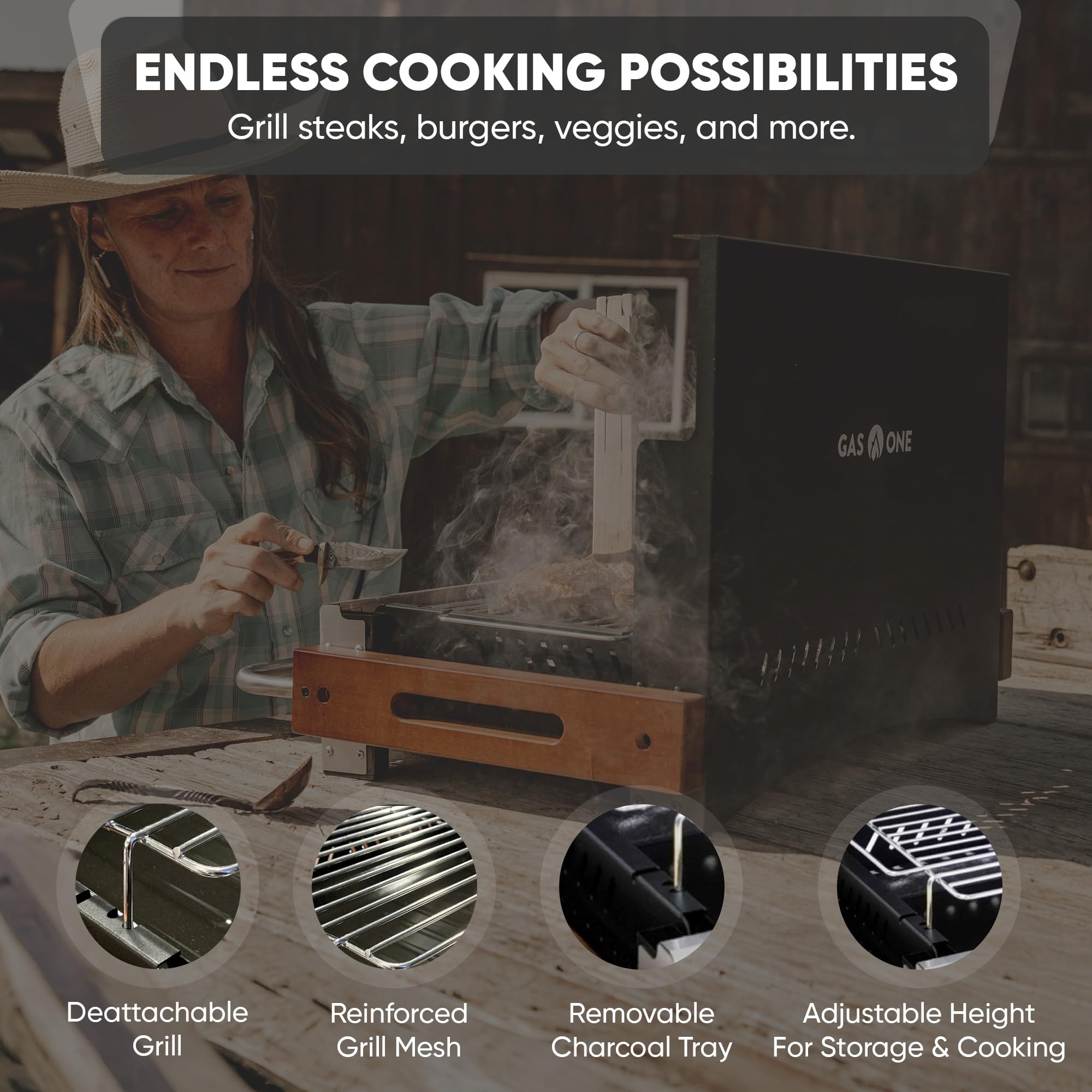 Gas One in use at beach grilling burgers and vegetables for outdoor meals