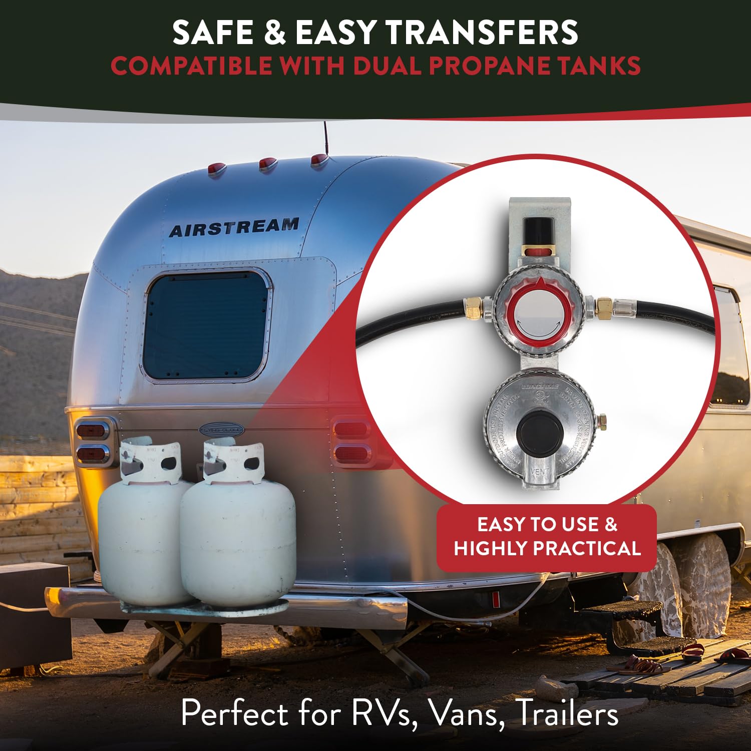 Gas One regulator installed on RV dual-tank setup demonstrating uninterrupted propane supply during swap