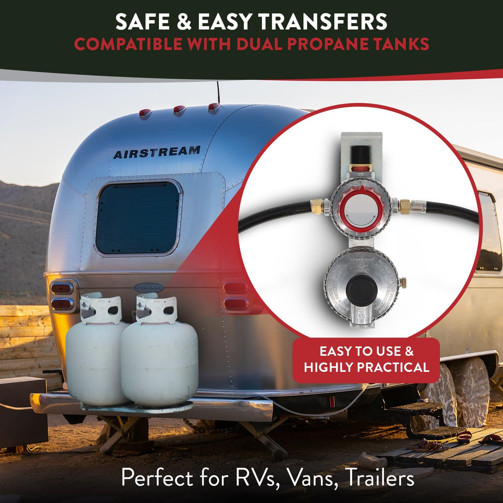 Gas One regulator installed on RV dual-tank setup demonstrating uninterrupted propane supply during swap