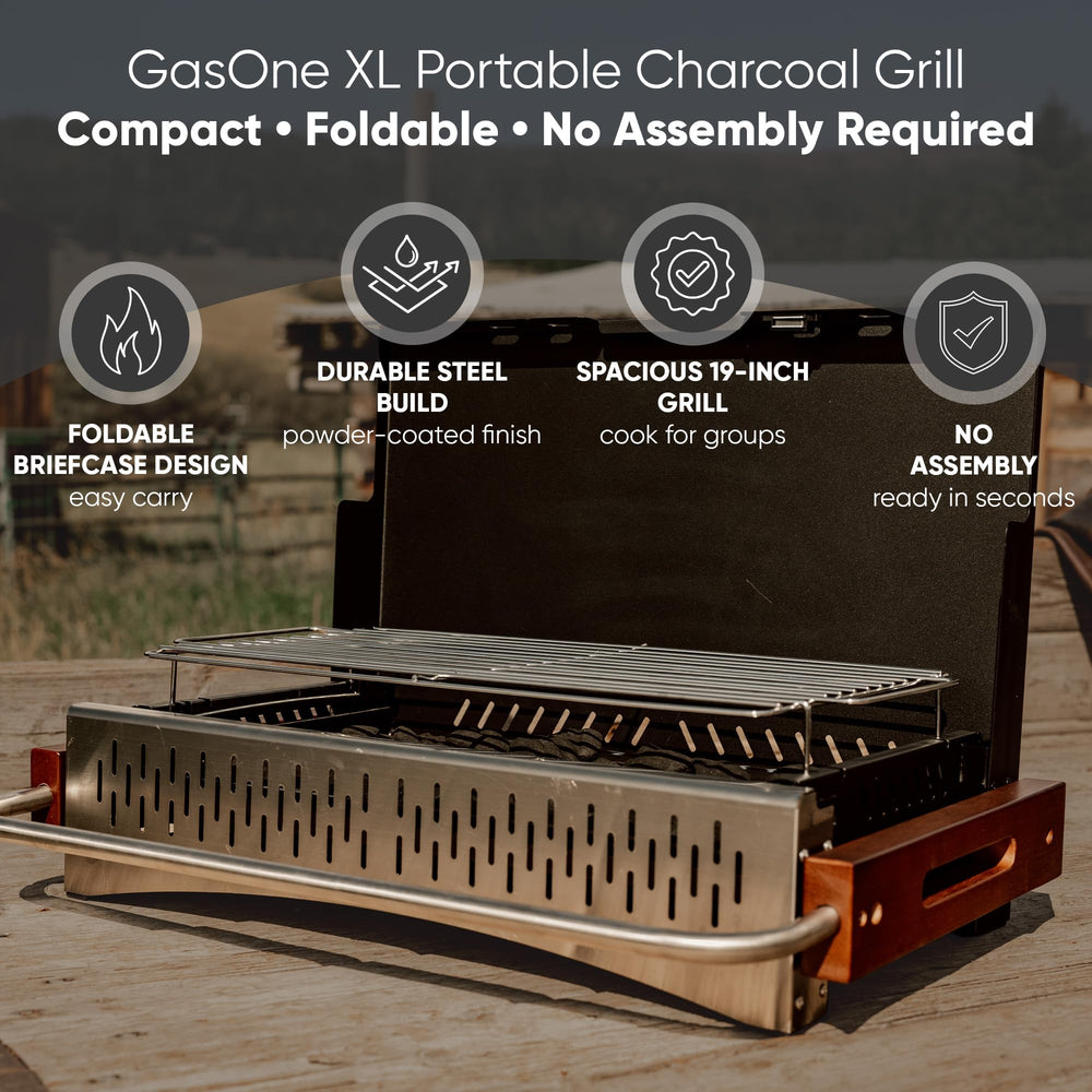 Gas One opened showing 19-inch cooking surface for group grilling