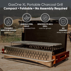 Gas One opened showing 19-inch cooking surface for group grilling