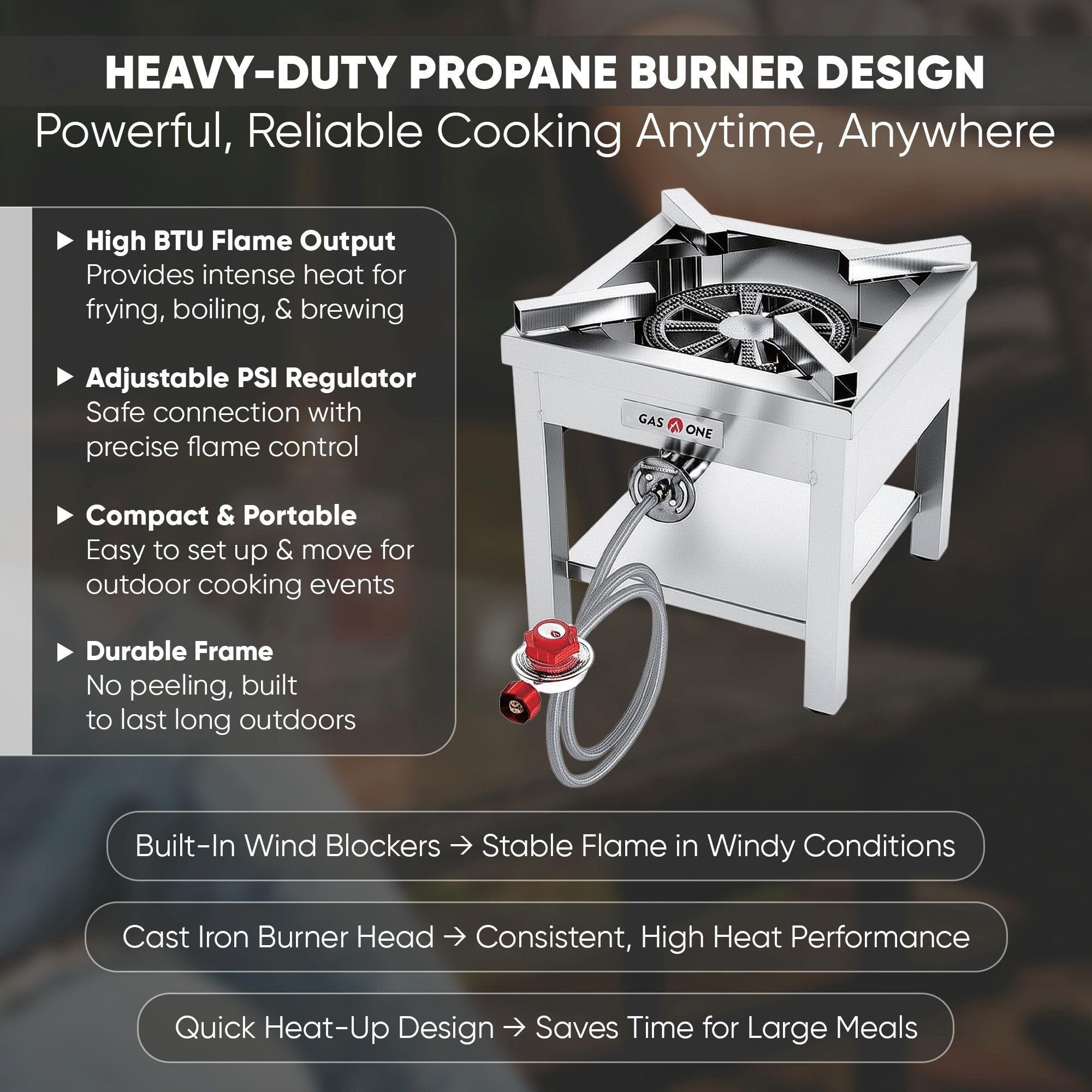 Gas One regulator and steel-braided hose connection for leak-resistant control