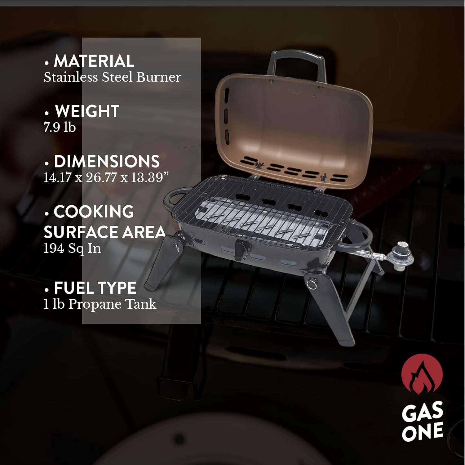 Gas One stainless steel burner detail delivering even heat for consistent grilling