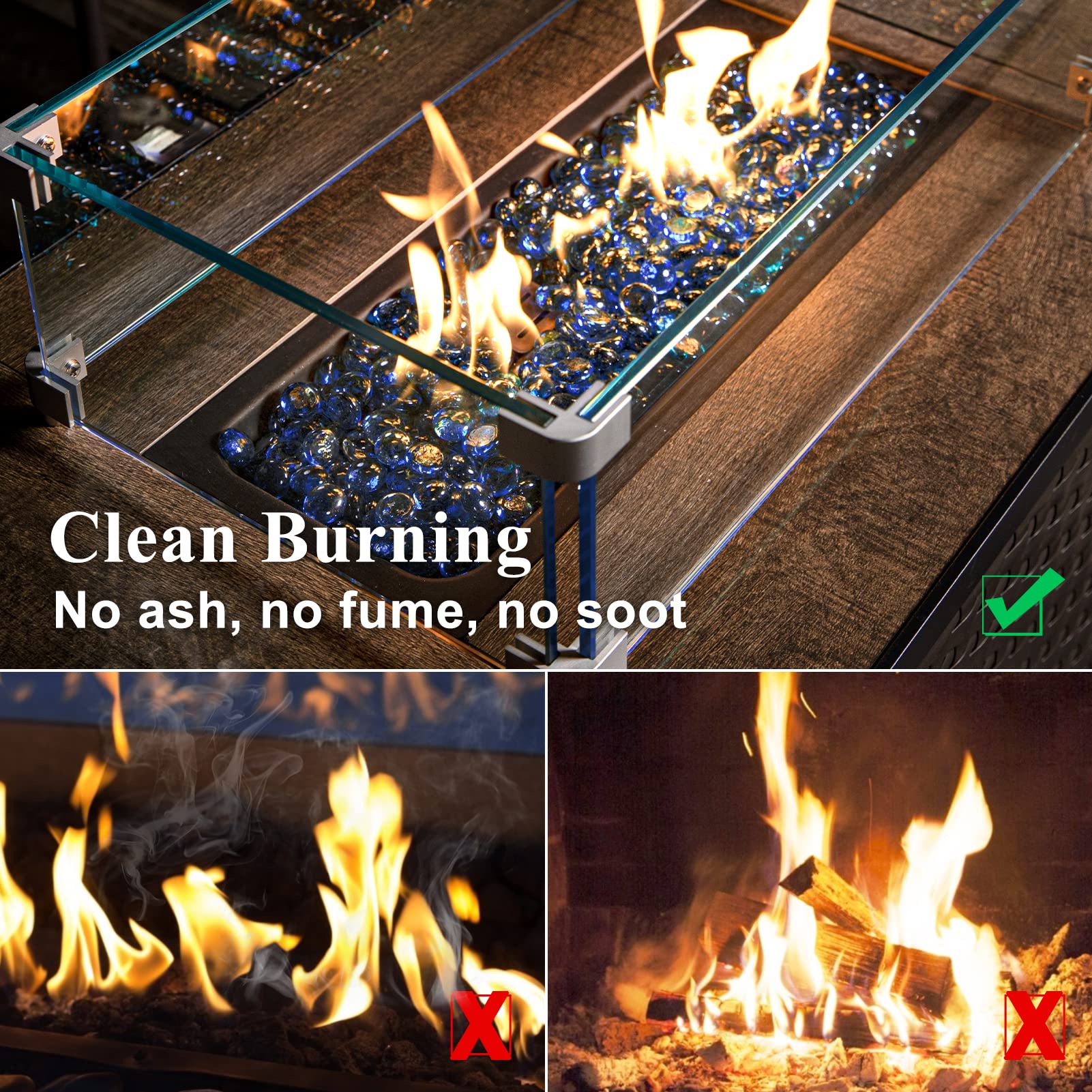 GASPRO glass beads in a propane fire pit with bright reflective flames enhancing ambiance