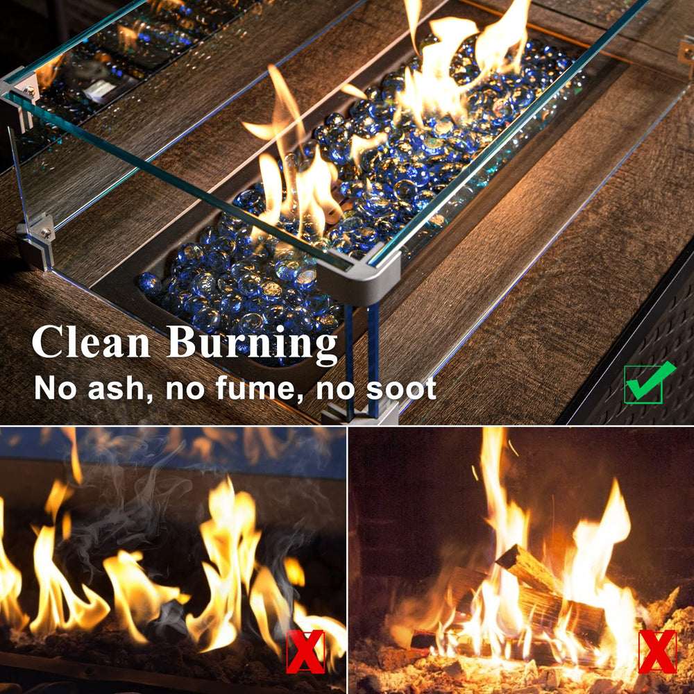 GASPRO glass beads in a propane fire pit with bright reflective flames enhancing ambiance