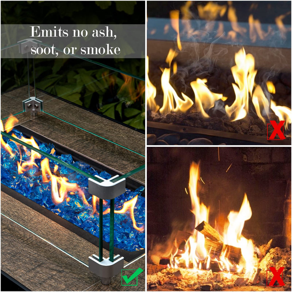 GASPRO fire pit in use with turquoise glass enhancing visible flames