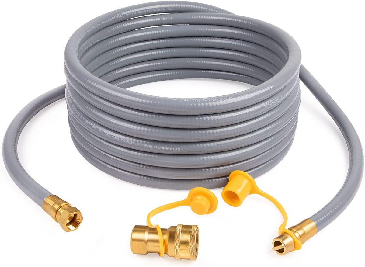 GASPRO front view of 24ft gas hose showing fittings and label for quick identification and safety