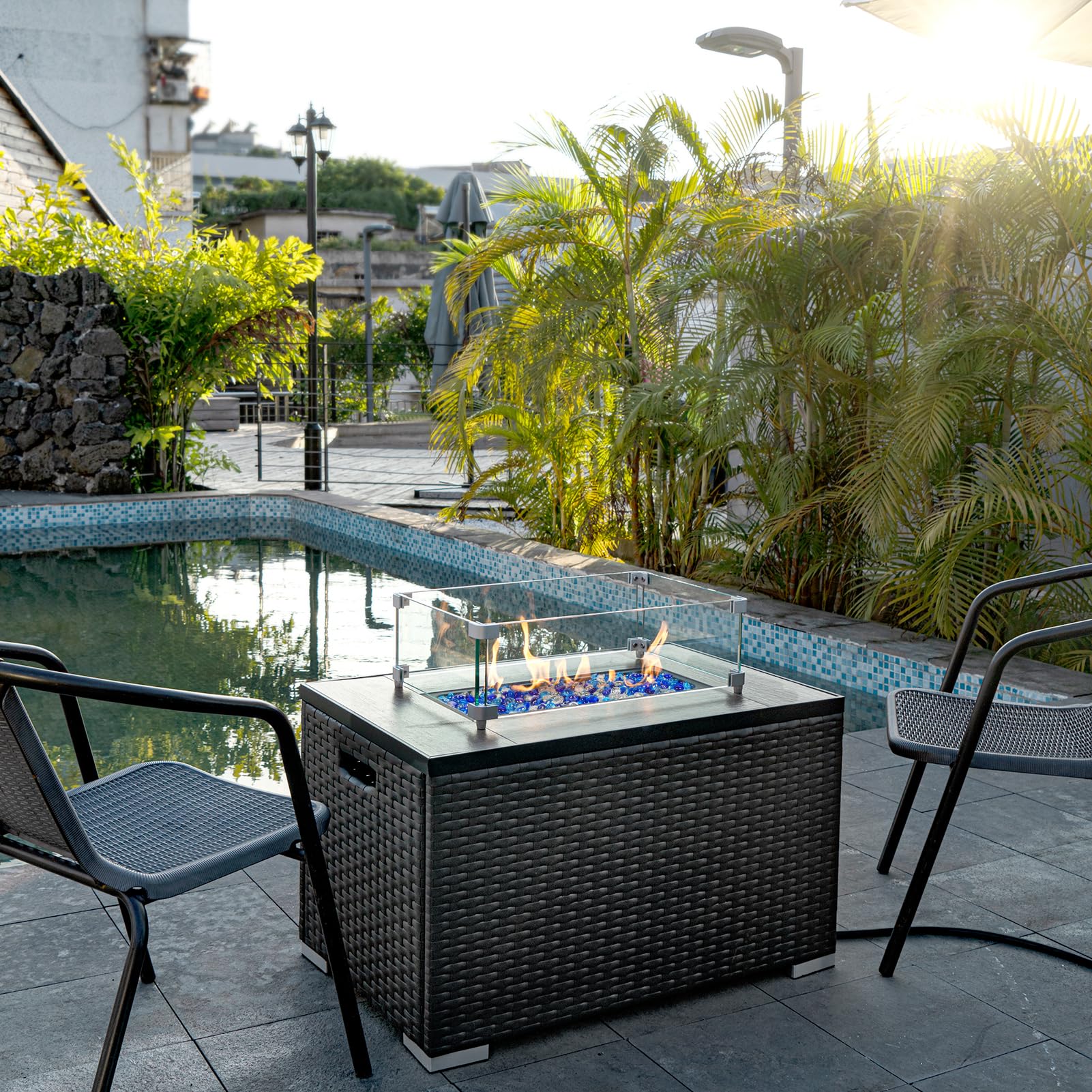 GASPRO fire pit in use with beads producing bright, clear flames for visual impact
