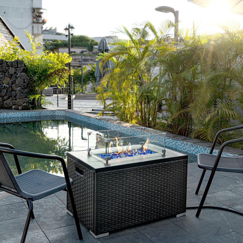 GASPRO fire pit in use with beads producing bright, clear flames for visual impact