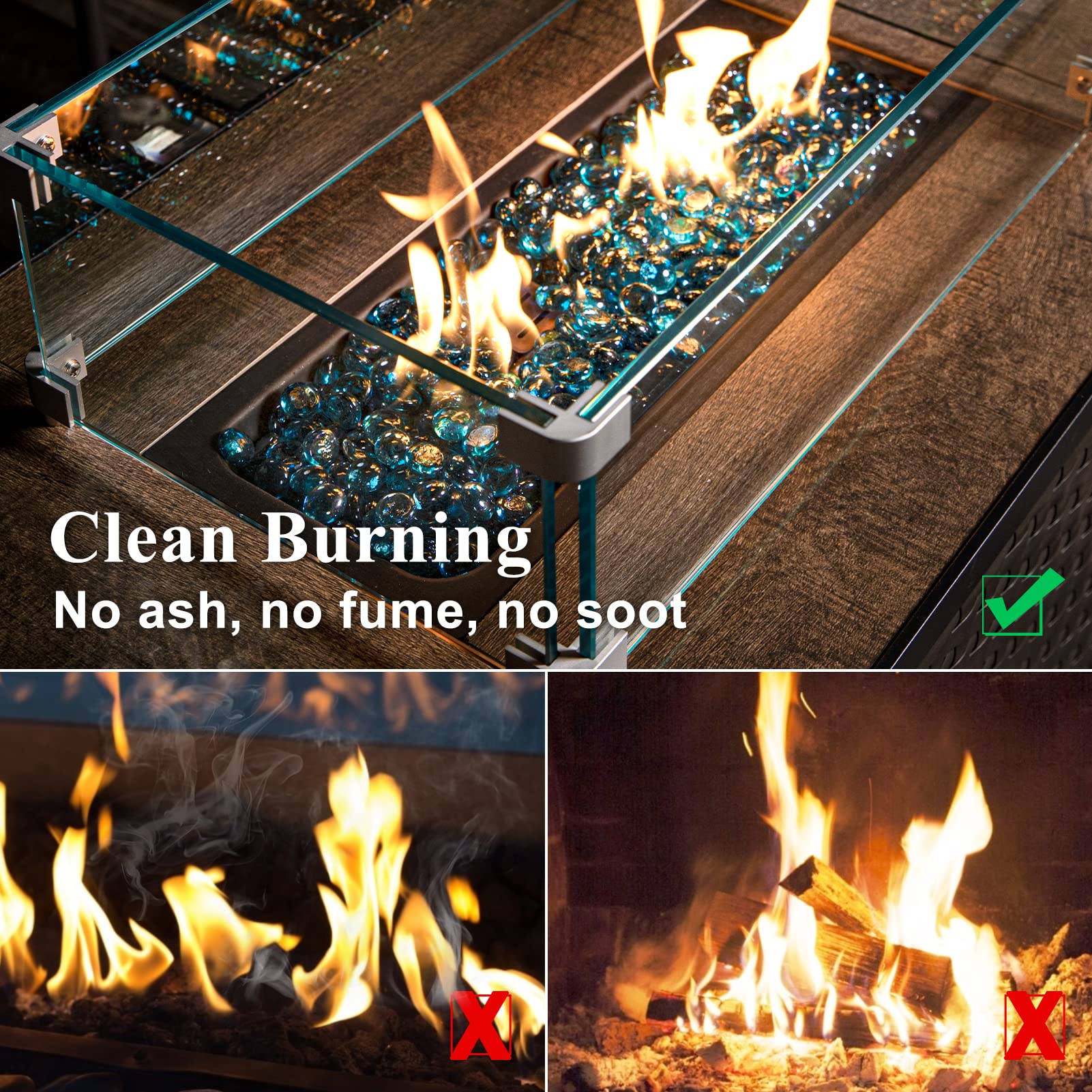 GASPRO beads glowing in a gas fire pit, improves flame aesthetics and sparkle