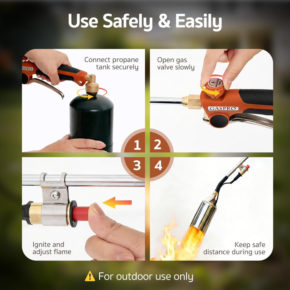 GASPRO torch melting weeds on driveway showing fast outdoor cleaning benefit