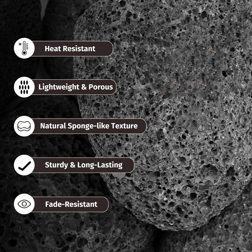 GASPRO lava rocks placed under fire glass demonstrating stable burner concealment benefit