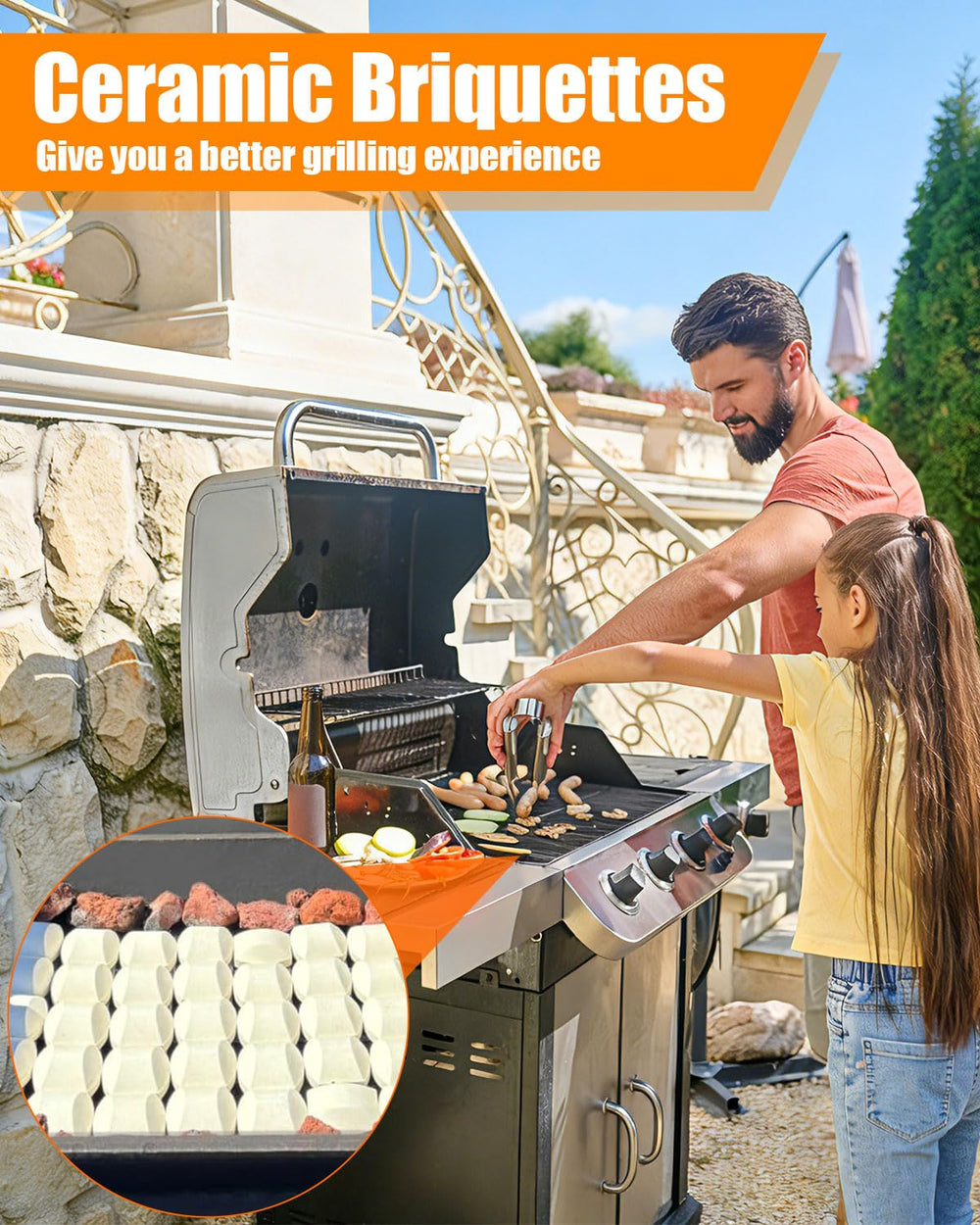 GasSaf briquettes on a hot grill in use demonstrating even heat distribution benefit