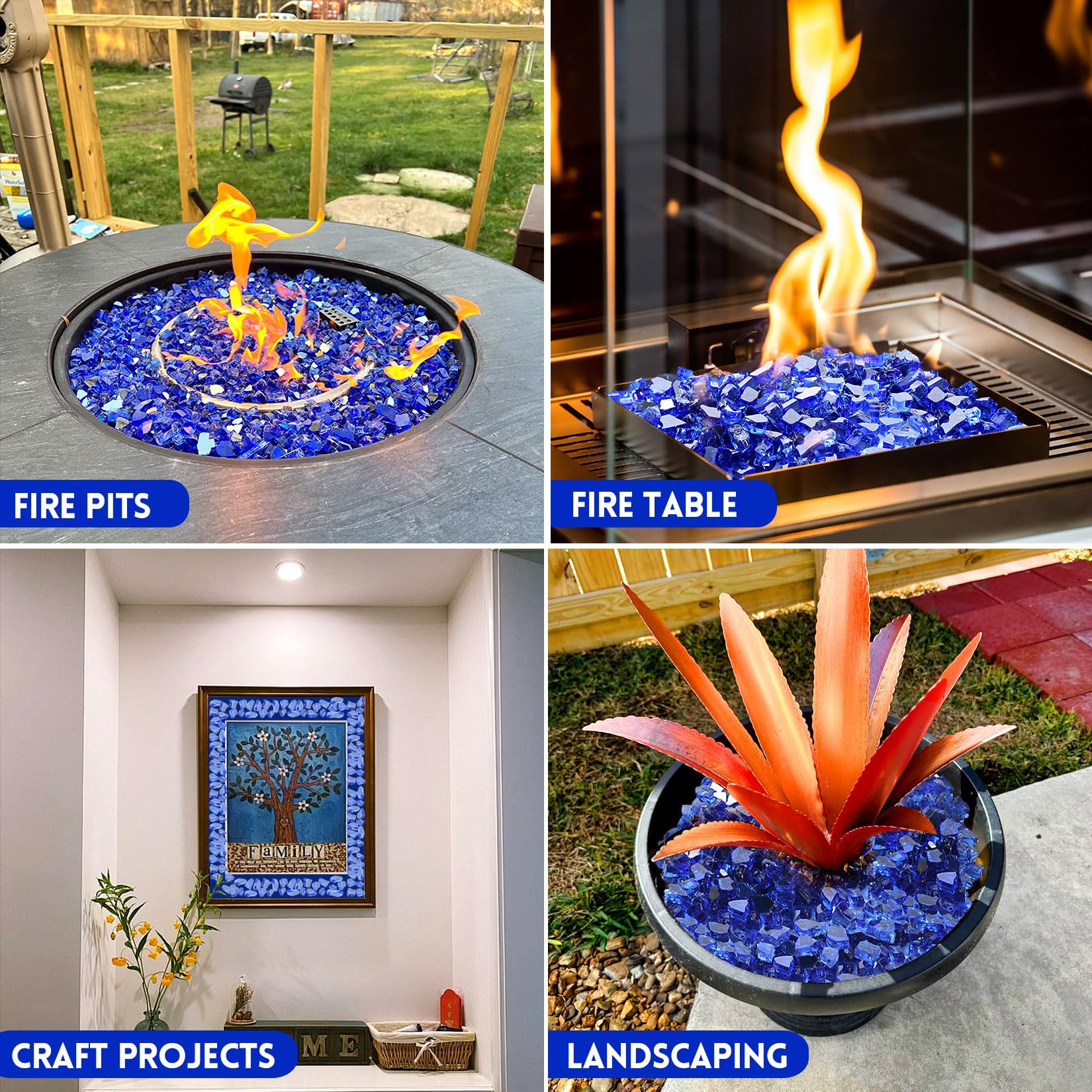 GasSaf installed in outdoor fire pit showing vivid blue reflection and flame