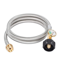 GasSaf front view of packaged 5ft propane hose showing gauge and fittings for easy setup
