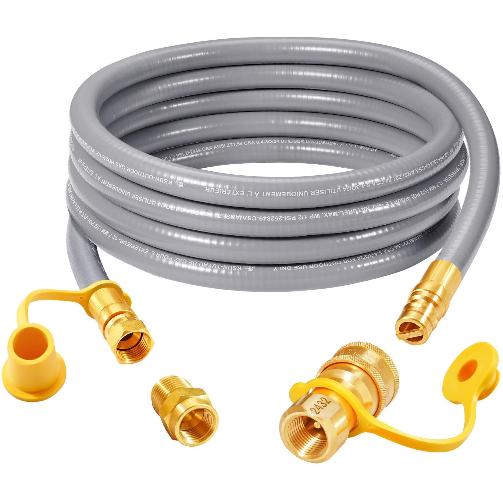 GasSaf front view of 12 ft hose assembly showing full length and connectors for easy install