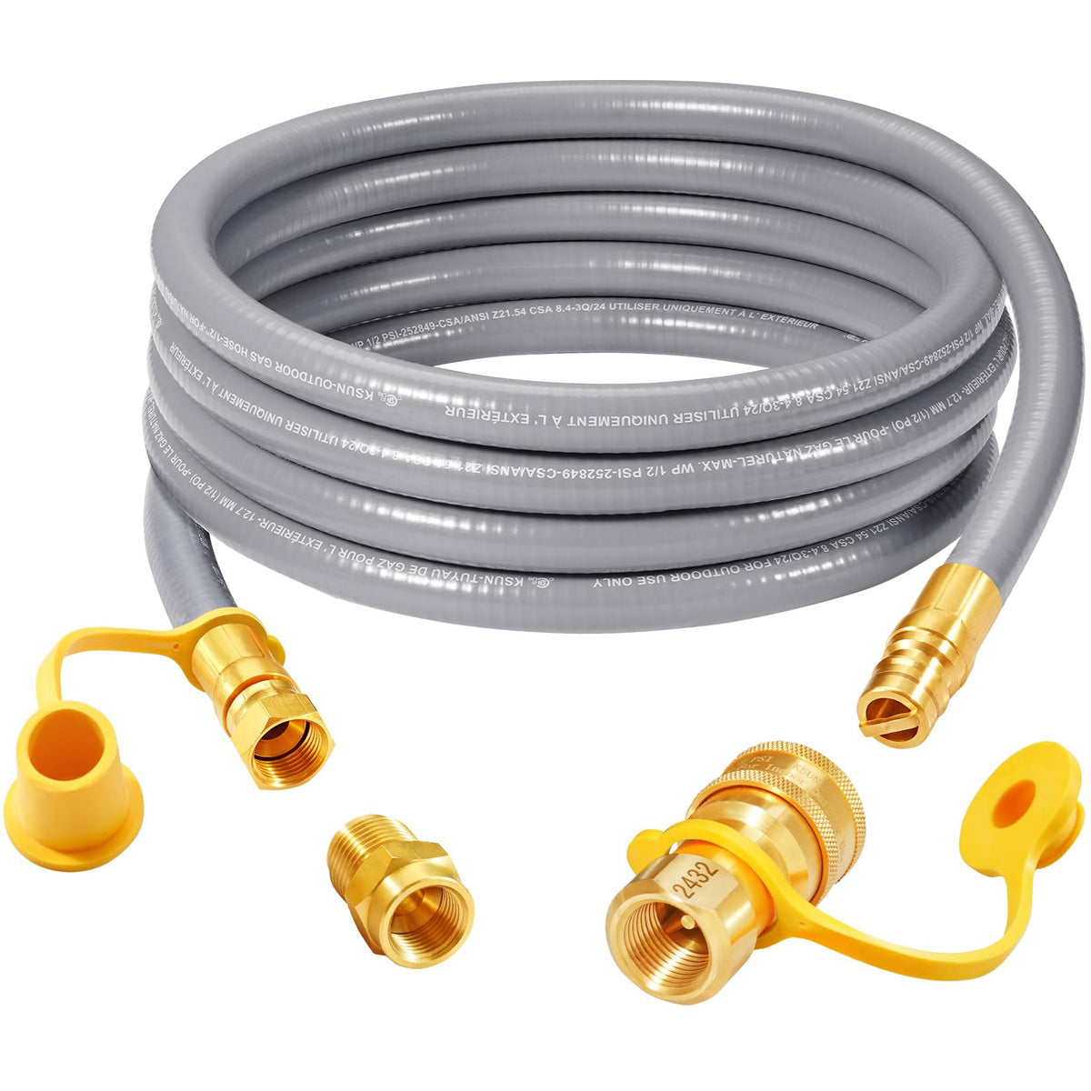 GasSaf front view of 12 ft hose assembly showing full length and connectors for easy install