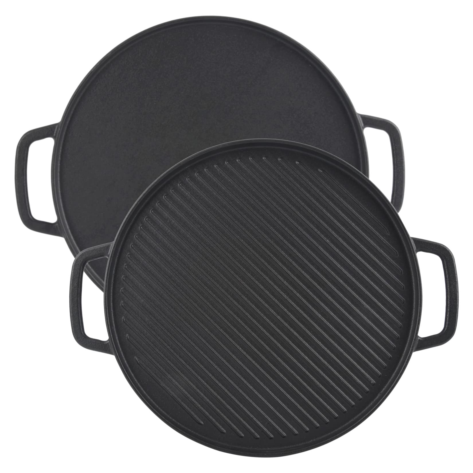 GasSaf front view of reversible griddle showing both handles and cooking surface benefit durable use