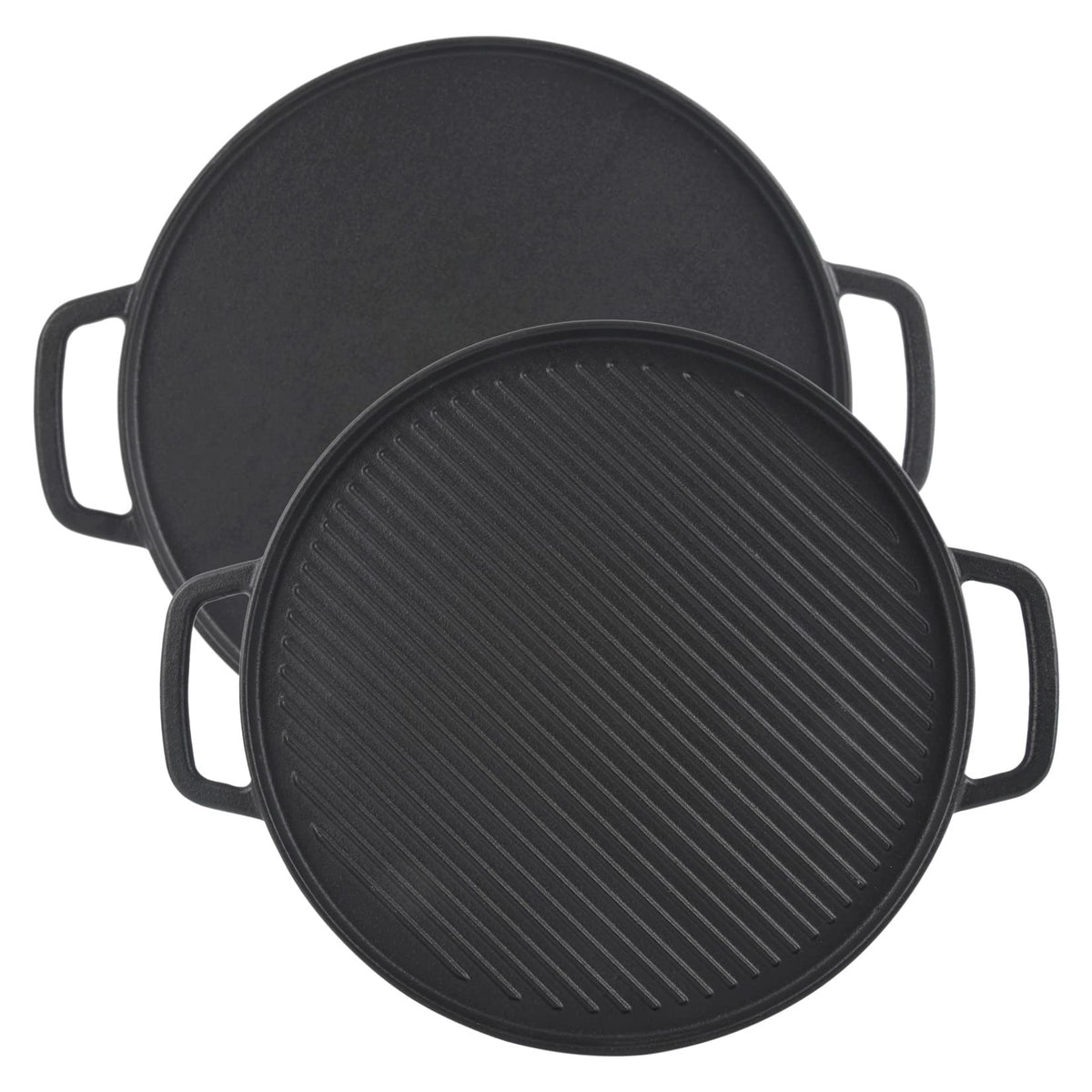 GasSaf front view of reversible griddle showing both handles and cooking surface benefit durable use