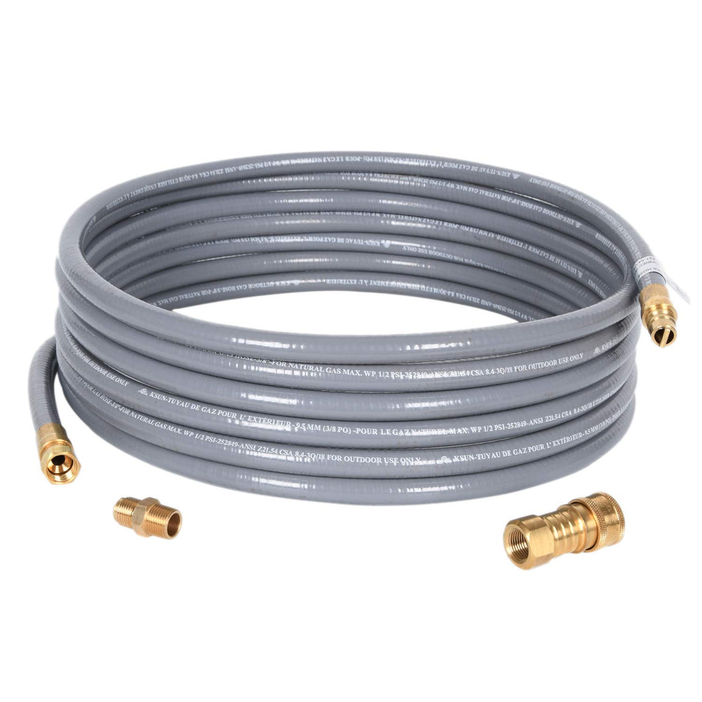 GasSaf front view quick connect hose showing full 24ft length and fitting benefits