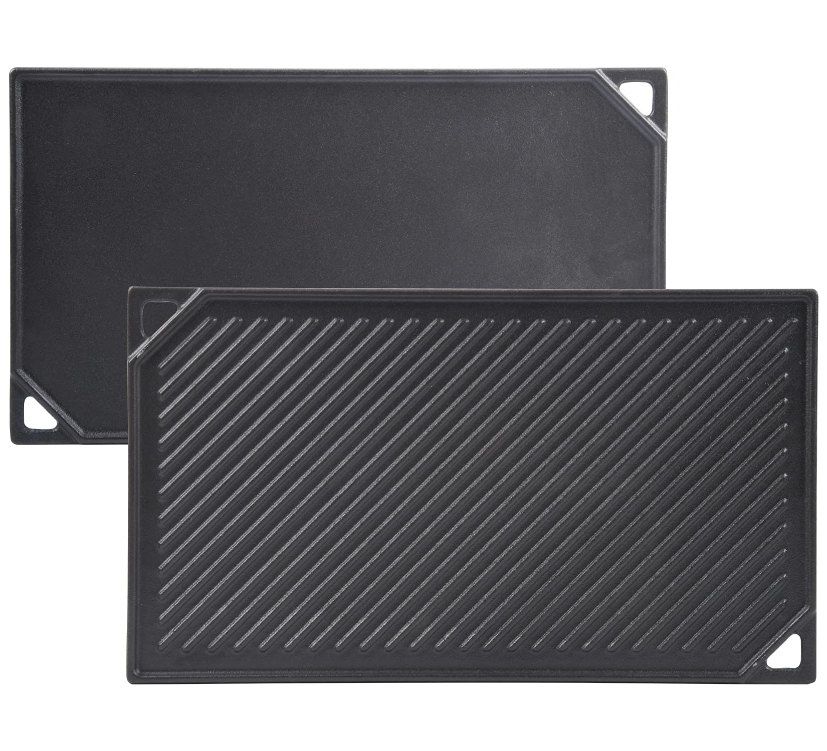 GasSaf front view of rectangular griddle showing cooking area and sturdy build benefit