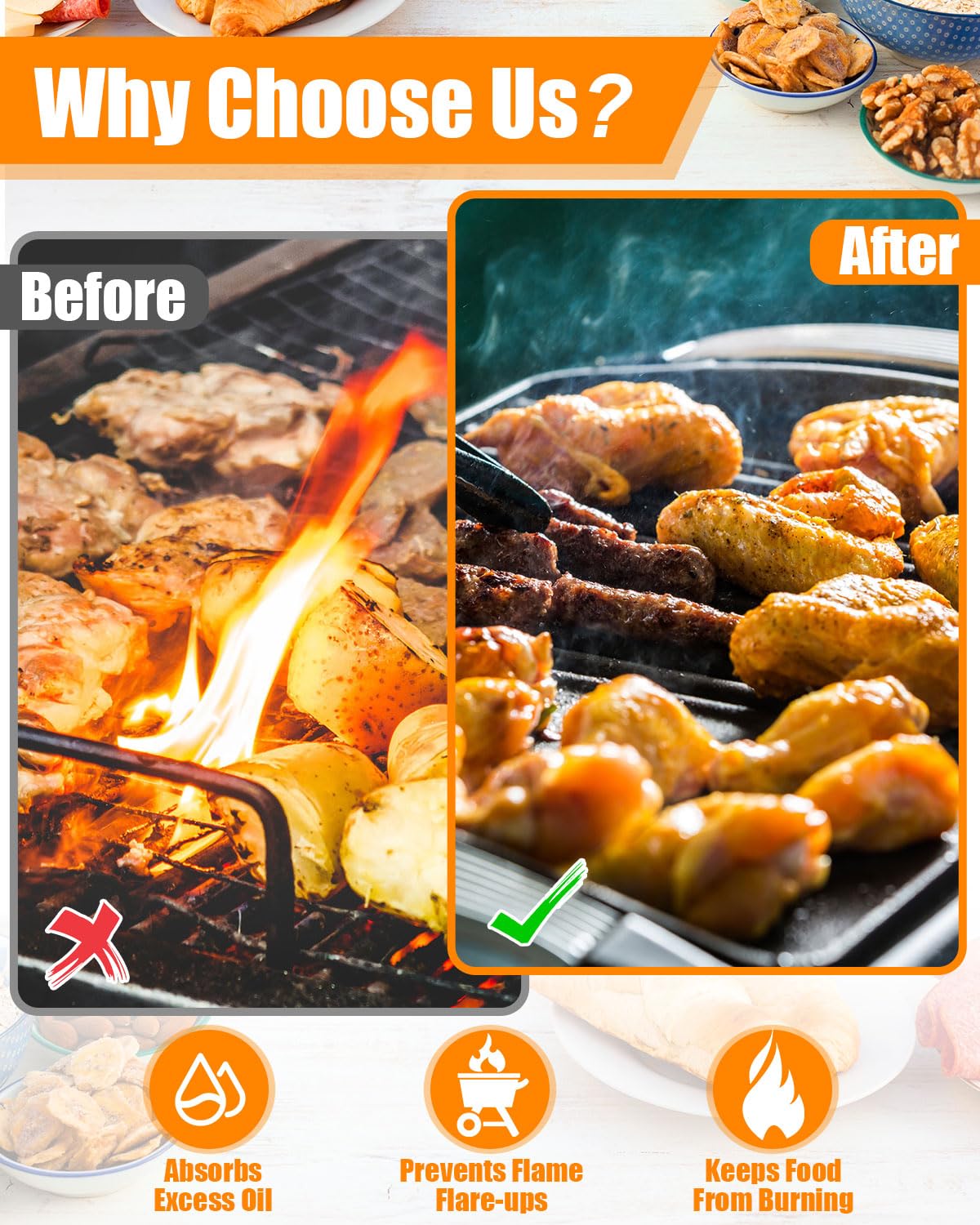 GasSaf briquettes absorbing drips to reduce flare-ups and minimize splatter