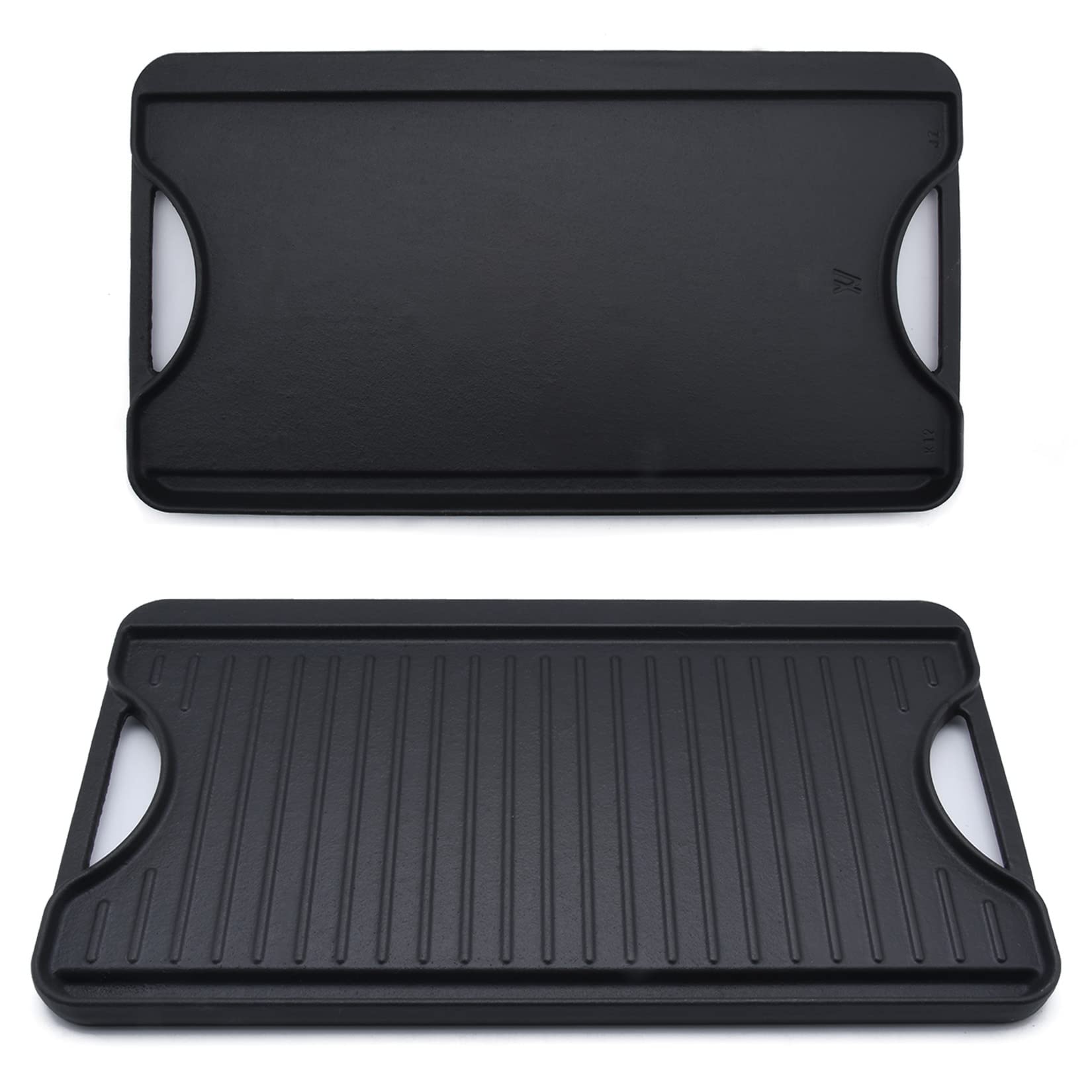 GasSaf griddle front view showing full double-sided pan and handles, durable cooking surface