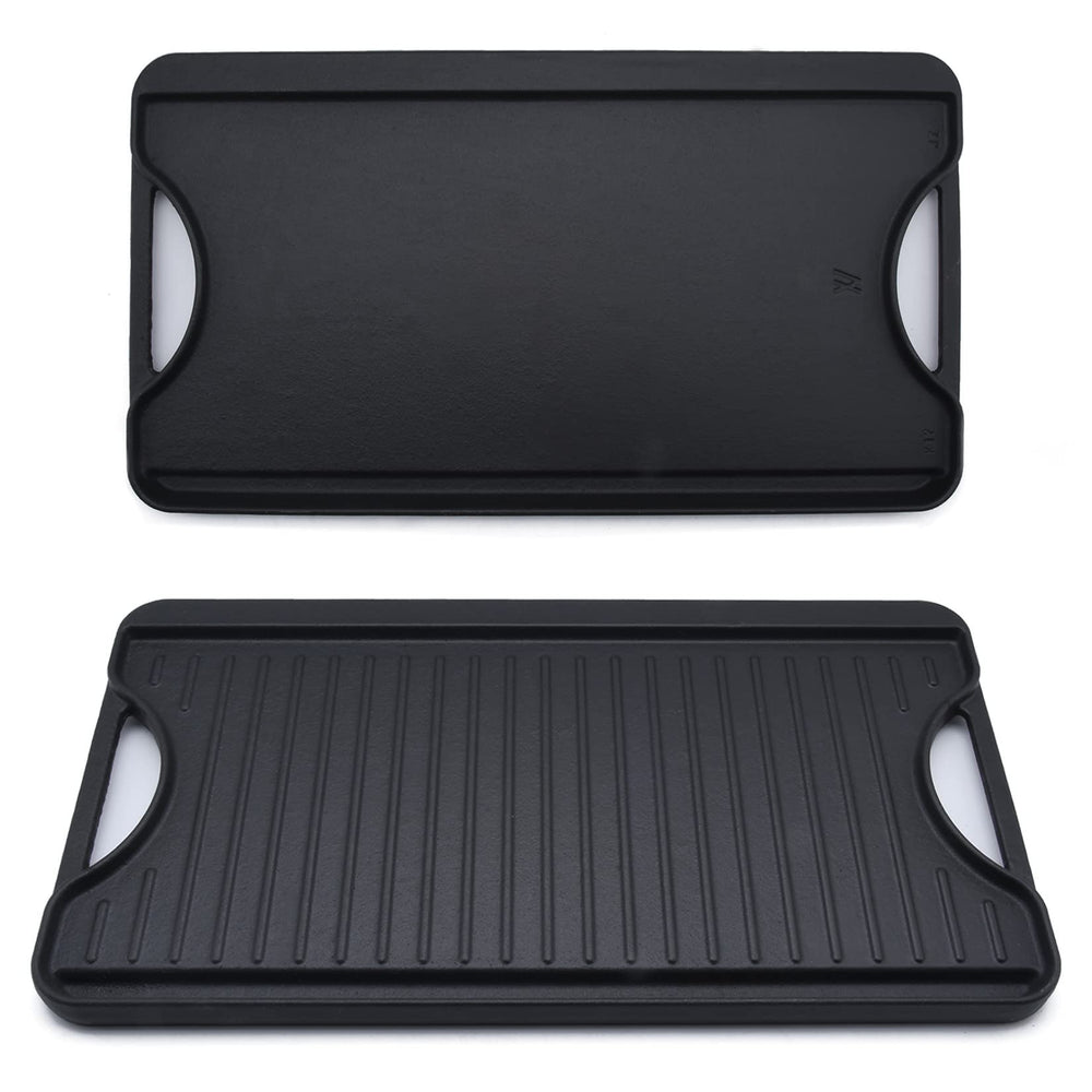 GasSaf griddle front view showing full double-sided pan and handles, durable cooking surface