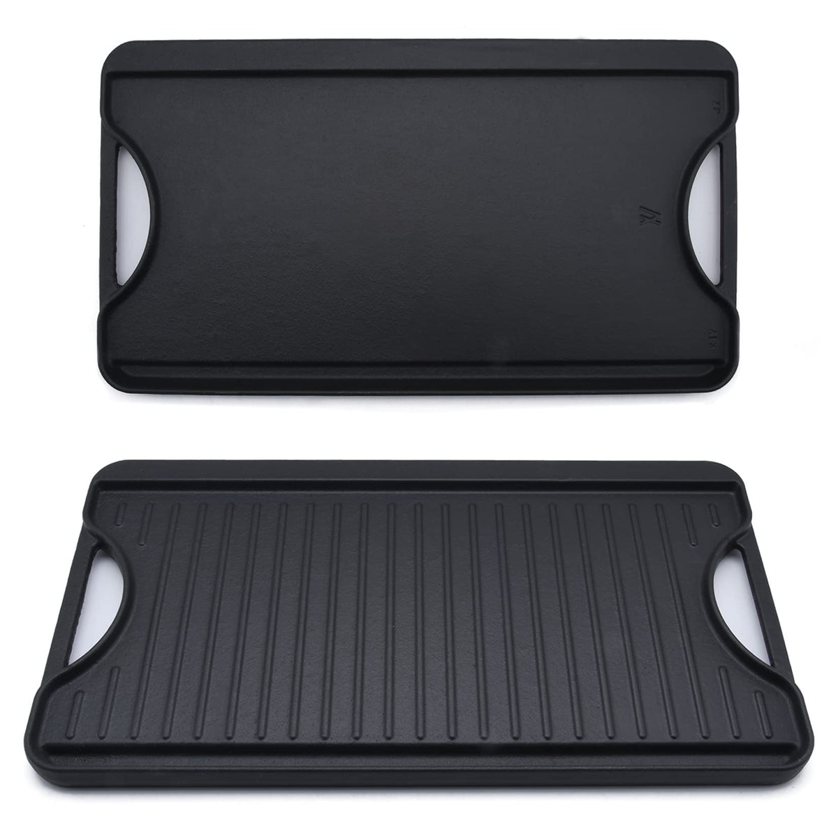 GasSaf griddle front view showing full double-sided pan and handles, durable cooking surface