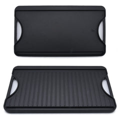 GasSaf griddle front view showing full double-sided pan and handles, durable cooking surface