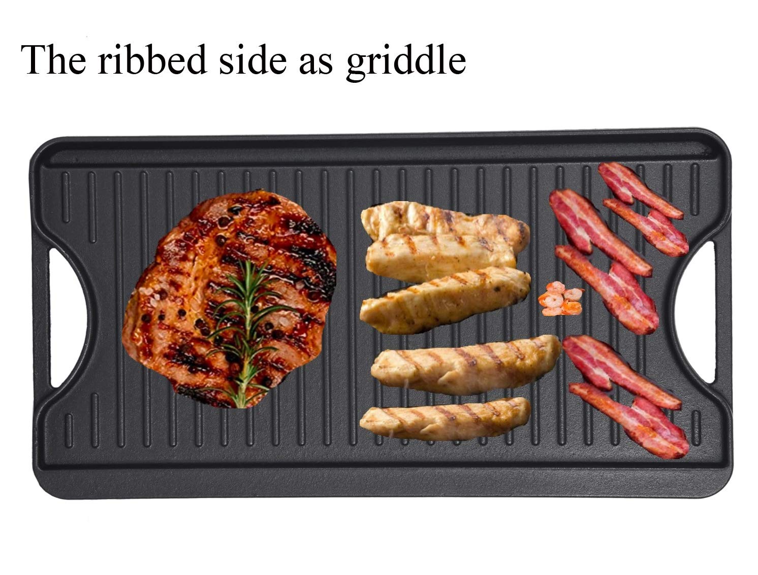 GasSaf griddle on two-burner stove for scale, wide surface for family-sized meals
