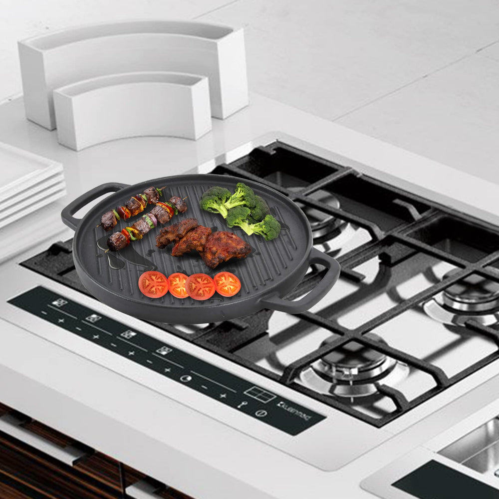 GasSaf griddle on outdoor grill with steaks emphasizing outdoor-ready versatility