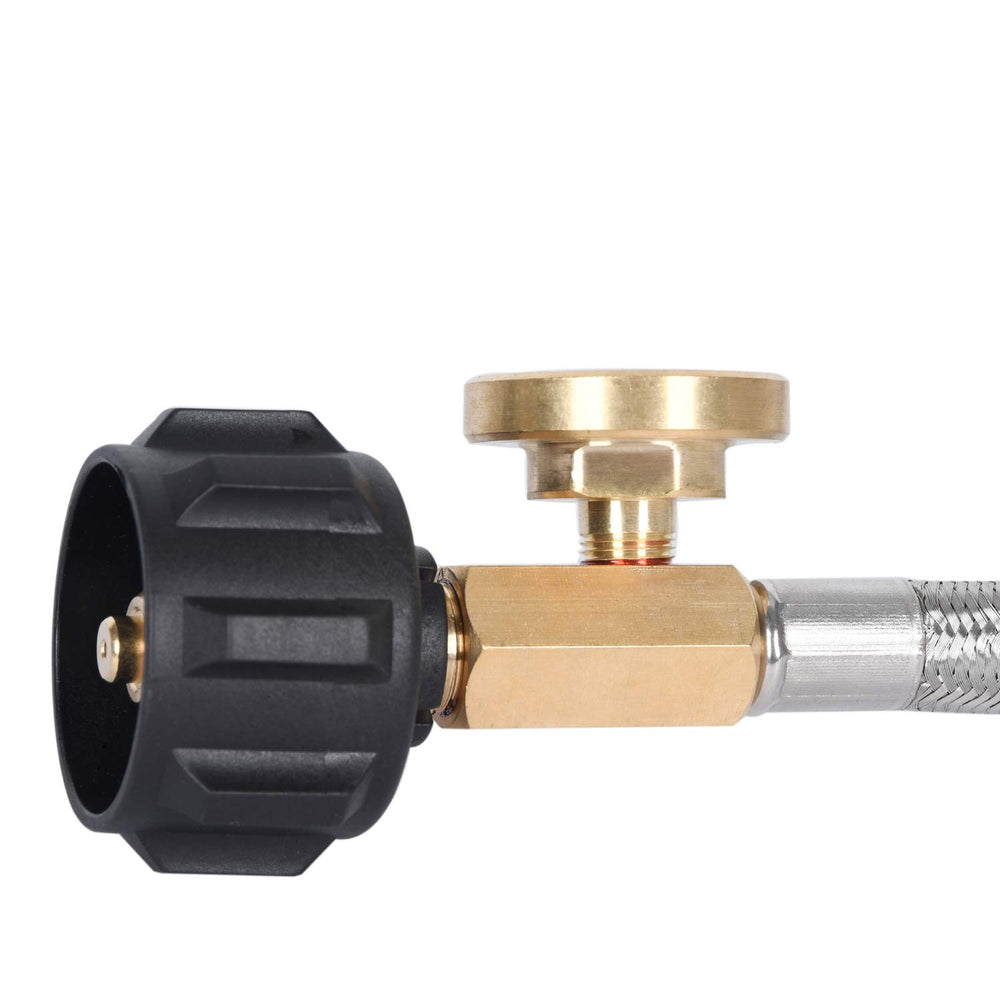 GasSaf hose connected to a camp stove illustrating quick Type-1 setup advantage