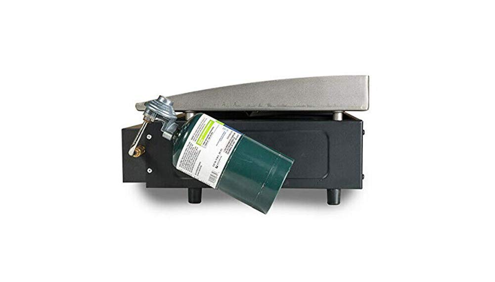 GasSaf in use on Blackstone tabletop grill showing safe tank placement benefit