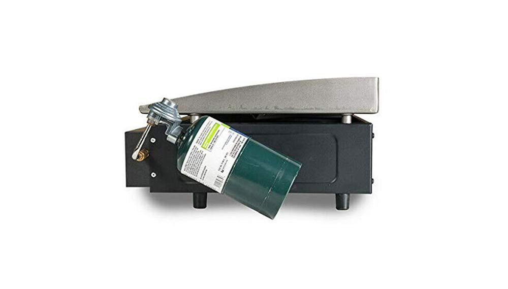 GasSaf in use on Blackstone tabletop grill showing safe tank placement benefit