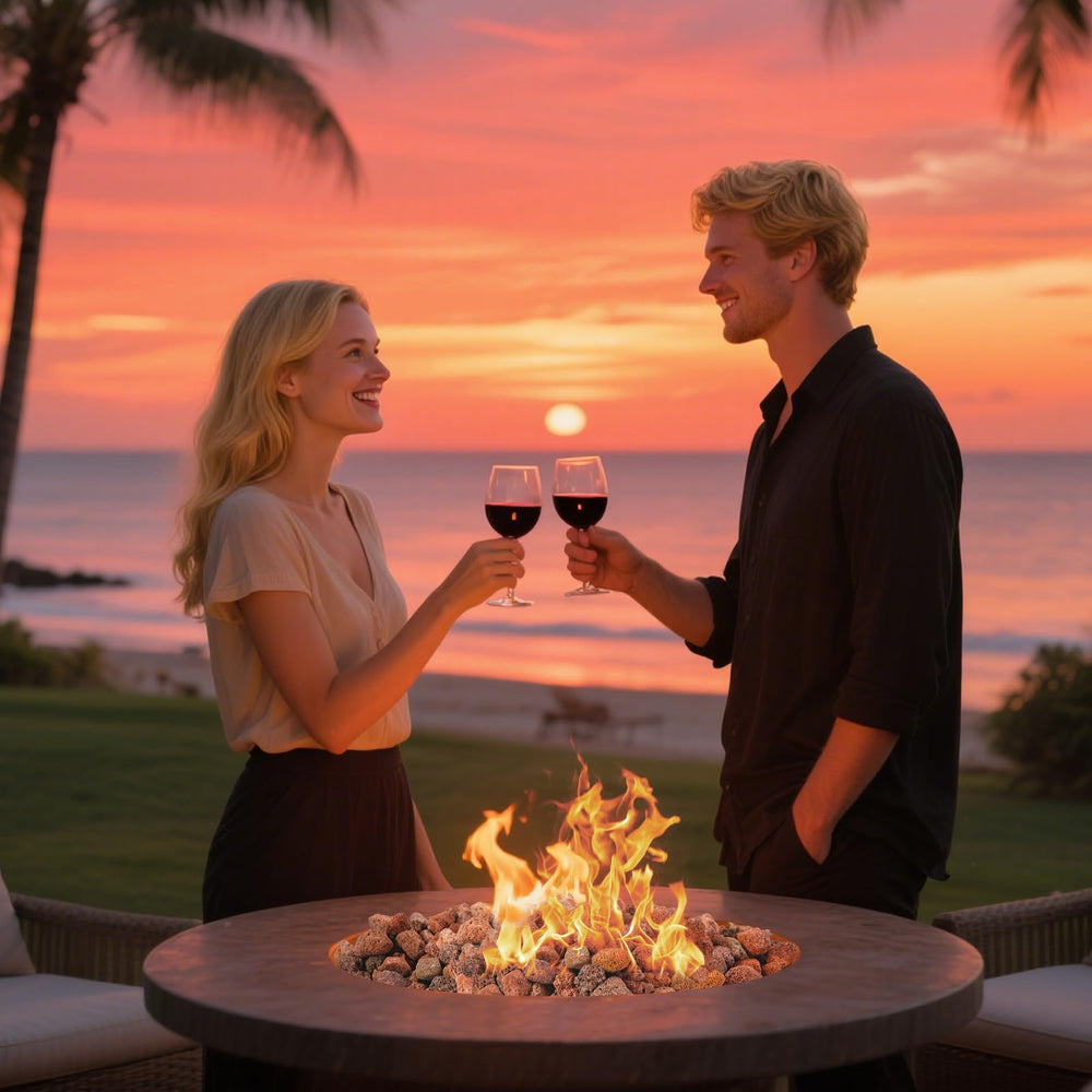 GasSaf red lava rocks in backyard fire bowl adding cozy ambiance