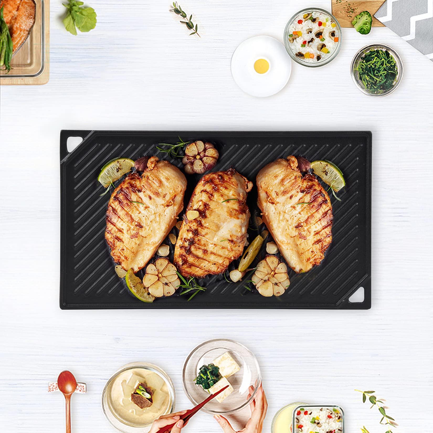 GasSaf griddle on gas stove in use retaining heat for even cooking benefit